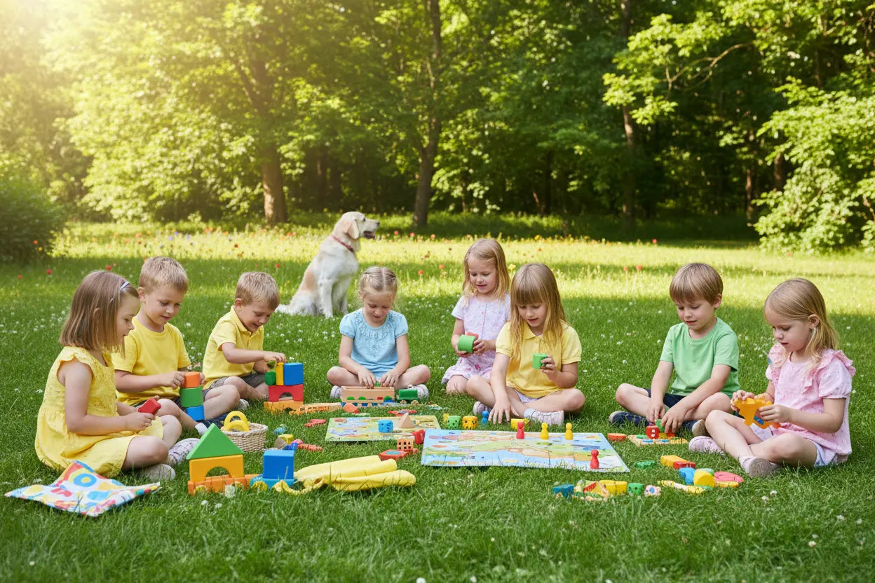 Copii jucându-se în parc pe iarbă înconjurați de verdeață