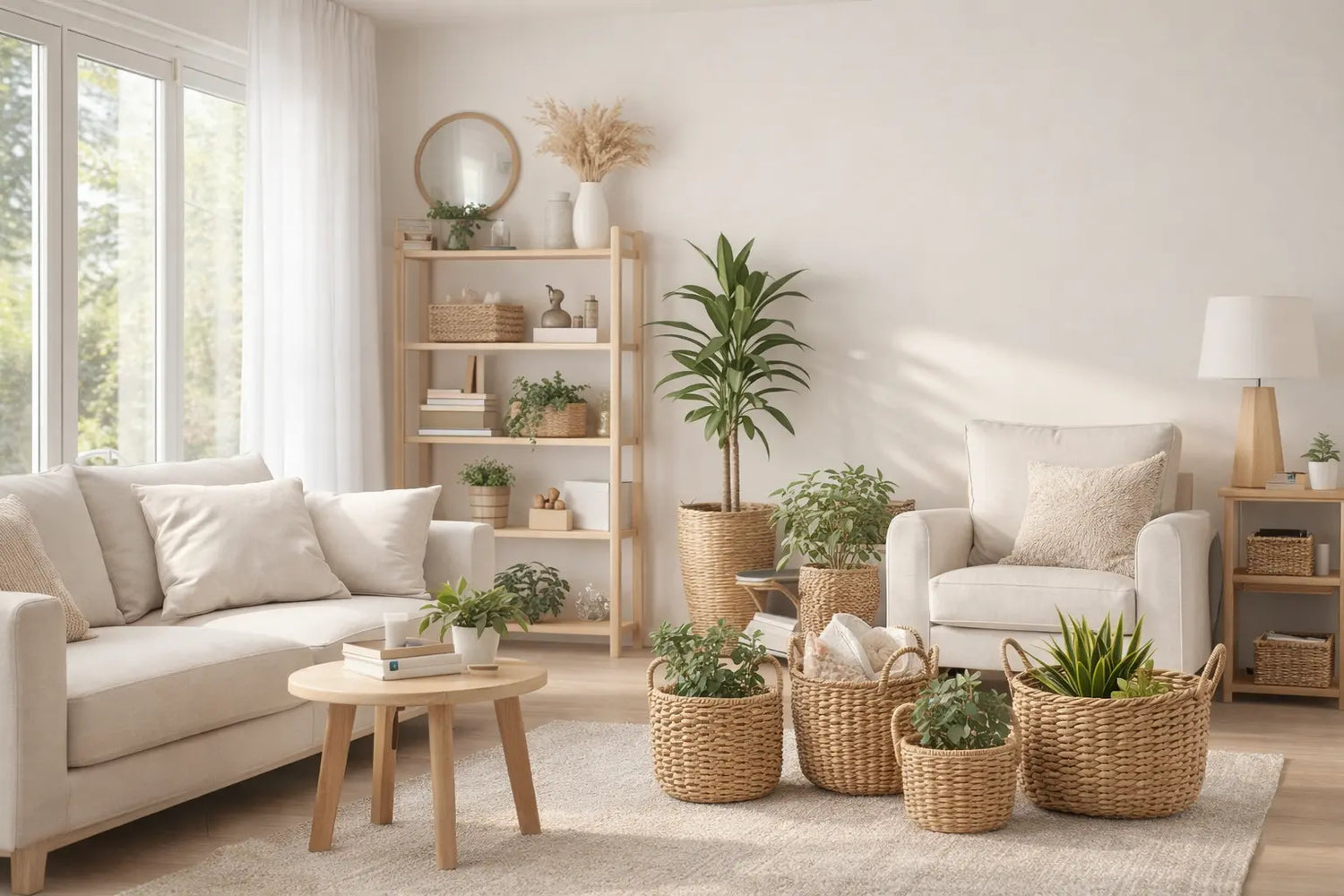 Cameră albă luminoasă cu organizare și plante înalte