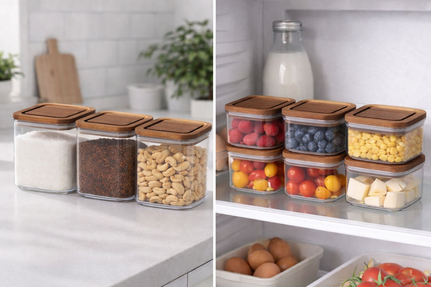 Set Recipiente de depozitare cu capac din lemn - 3 sau 6 bucăți (10x10x8cm) Simpu Acasa