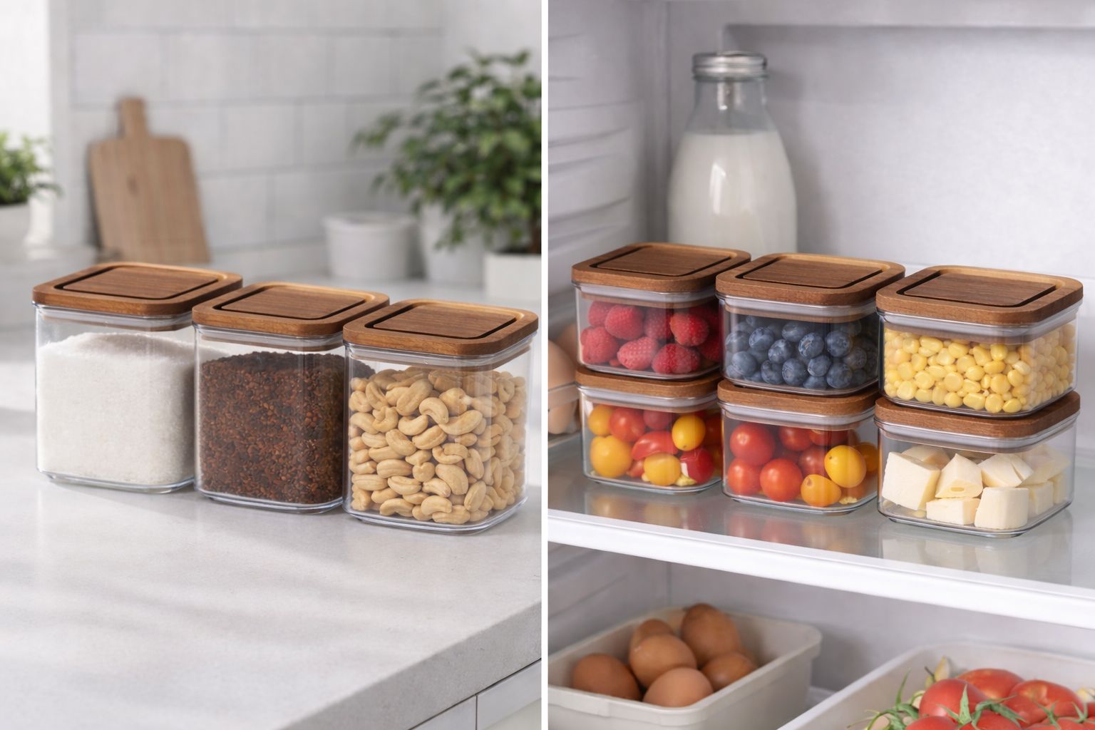 Set Recipiente de depozitare cu capac din lemn - 3 sau 6 bucăți (10x10x8cm) Simpu Acasa