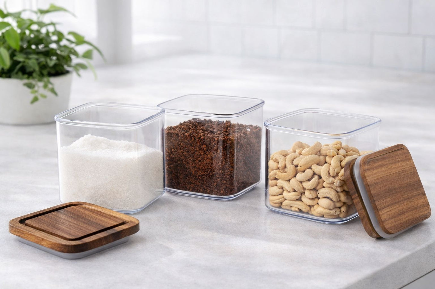 Set Recipiente de depozitare cu capac din lemn - 3 sau 6 bucăți (10x10x8cm) Simpu Acasa