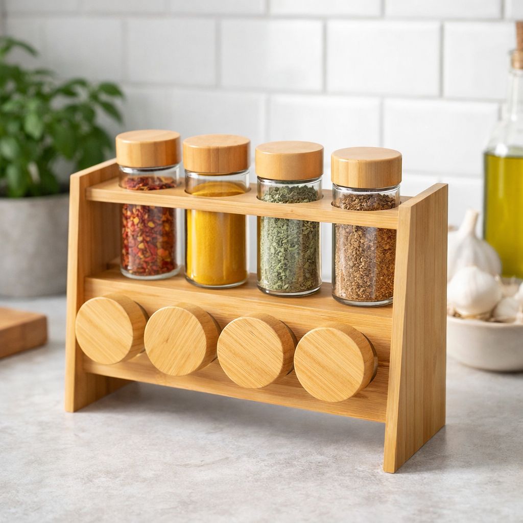 Suport pentru Condimente din Bambus cu Borcănașe din Sticlă – Organizare Elegantă Bucătări e (8 piese) Simpu Acasa