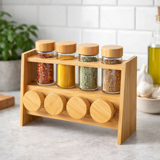 Suport pentru Condimente din Bambus cu Borcănașe din Sticlă – Organizare Elegantă Bucătări e (8 piese) Simpu Acasa