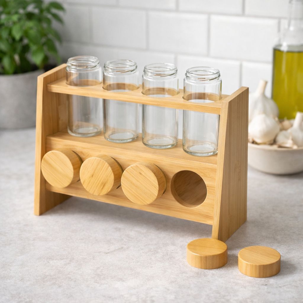 Suport pentru Condimente din Bambus cu Borcănașe din Sticlă – Organizare Elegantă Bucătări e (8 piese) Simpu Acasa