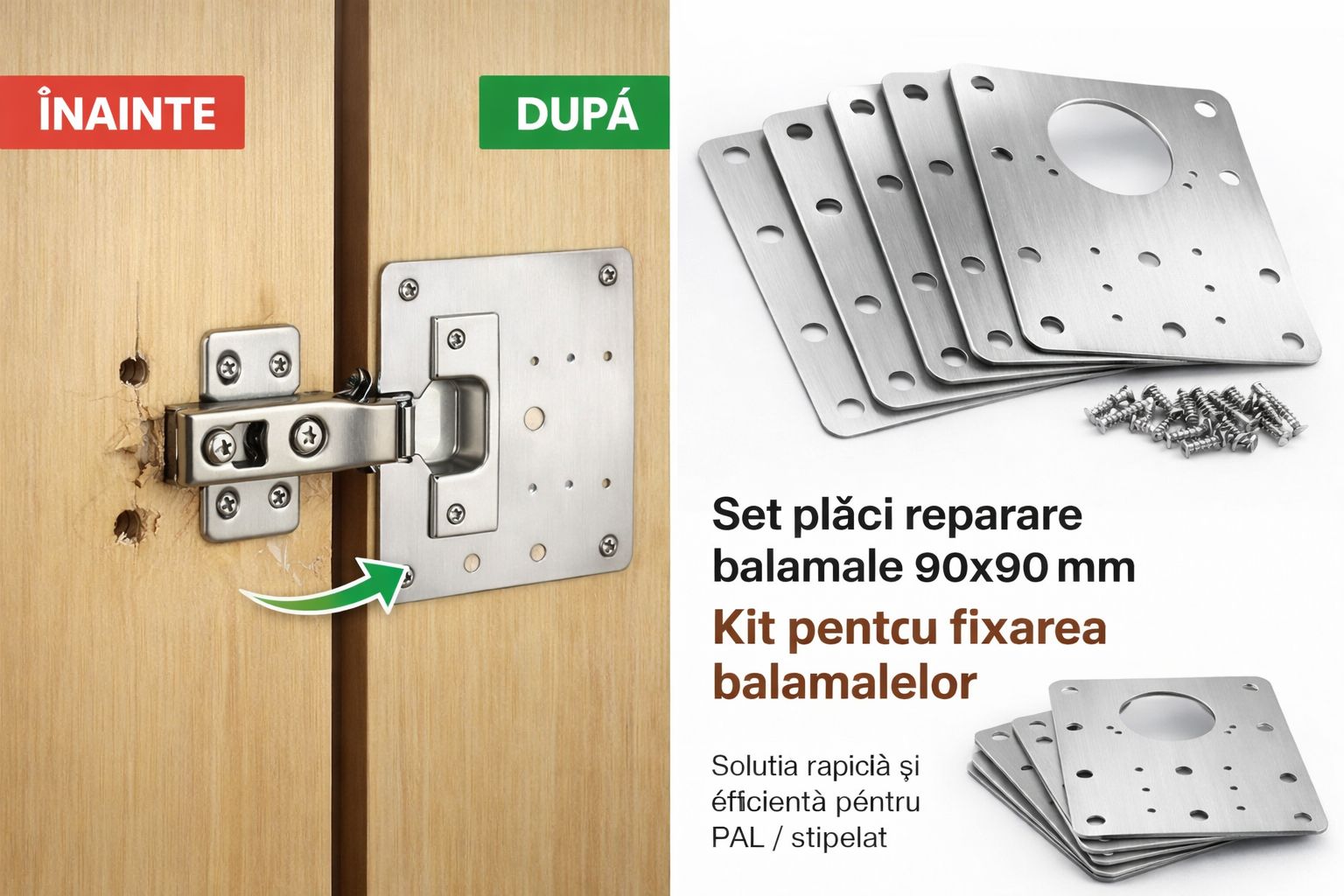 Placă din inox pentru repararea balamalelor  mobilier – 90×90 mm- fixare usi PAL&MDF Simpu Acasa